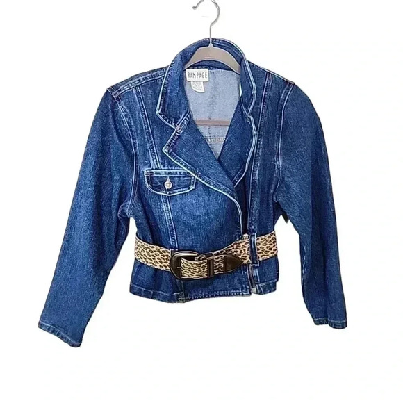 Rampage Vintage 70-80s denim cropped  high shoulder sexy jacket with belt. Large - Picture 2 of 14